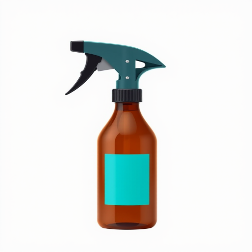 Create a high-resolution digital illustration of a spray bottle with a sleek design, featuring a black trigger and a brown body with a turquoise label, captured in a symmetrical view, using a professional DSLR camera at f/4 aperture, 50mm lens, ISO 100, and soft diffused lighting for an even tone.