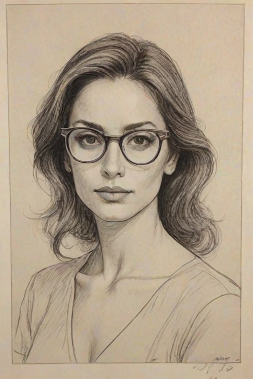 Fetching America Olivo, pencil sketch, portrait of Resplendent woman 1976s in glasses, hair style beatnik, outline, clear lines, fine lines, 8k
