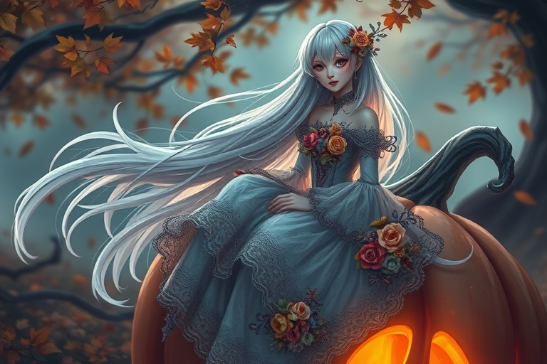 Create a high-resolution fantasy illustration of a character with long white hair, wearing an intricately designed dress adorned with flowers, sitting on a large pumpkin with a warm glow, in a mystical autumn setting, using a Canon EOS R5, 50mm f/1.2 lens, aperture set to f/1.8, ISO 200, and soft diffused lighting for enhanced depth and detail.