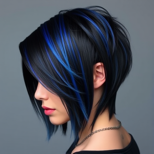 Dramatic jet black hair with electric blue peek-a-boo highlights, styled by Raven Midnight, featuring an edgy undercut design and razor-sharp angles in a modern interpretation of a mullet