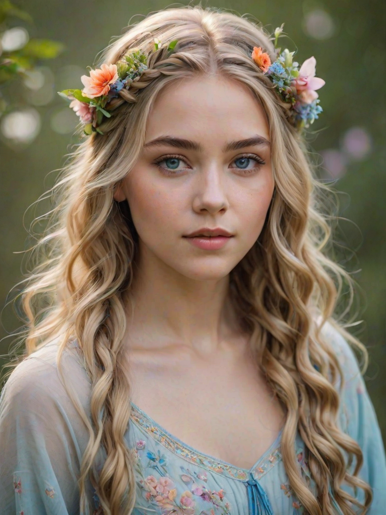Create an image of a young Eurasian woman with long, wavy blonde hair, adorned with small, colorful flowers woven into her braids and loose strands. Her complexion is fair, with soft, glowing skin, and she has light blue eyes that gaze softly at the viewer. She wears a light, flowing dress with a gentle, ethereal quality, complementing her delicate and serene appearance. The background is slightly blurred, drawing focus to her tranquil expression and the intricate details of the flowers in her hair. The overall mood of the image is one of natural beauty and grace, evoking a sense of peacefulness and connection with nature.