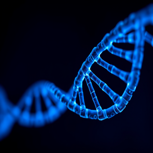 highly detailed macro shot of DNA double helix structure with glowing blue highlights and a dark background, shot with a Canon EOS R5 at 100mm f/2.8, ISO 200, shutter speed 1/125s, using a shallow depth of field and soft focus effect for enhanced quality