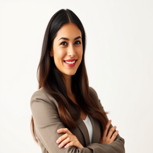 portrait of a smiling woman with long dark hair, wearing a stylish blazer, arms crossed, soft white background, taken with a Canon EOS R5, 85mm lens, aperture f/1.8, ISO 100, natural lighting, shallow depth of field