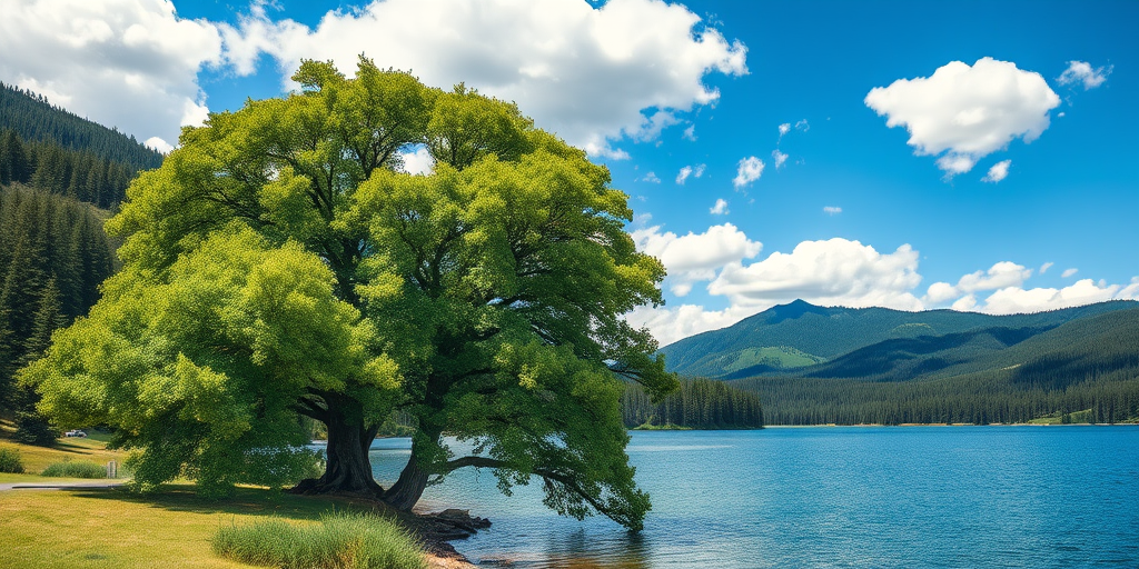 Create a vibrant digital artwork of a serene landscape featuring a large green tree beside a tranquil lake, surrounded by dense evergreen forests and gentle hills in the background under a clear blue sky with fluffy clouds, captured with a DSLR camera at f/8 aperture, ISO 100, 50mm lens, and a wide-angle view to enhance depth and detail.