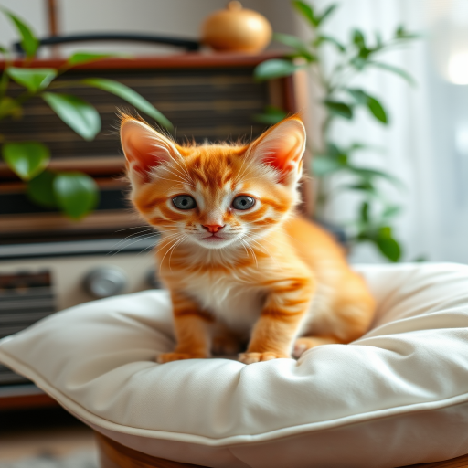 Generate an image of a cute orange tabby kitten sitting on a white cushion with a curious expression its ears perked up in a cozy indoor setting with a vintage radio and greenery in the background.