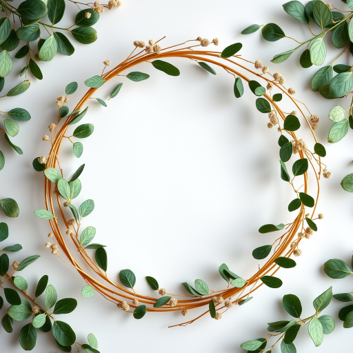 create a botanical wreath with golden circular border and green leaves, shot with a DSLR camera at f/2.8 aperture, ISO 100, 50mm lens, top-down view, soft lighting for a delicate aesthetic