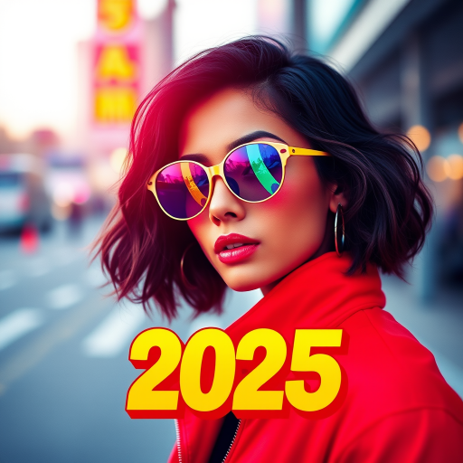 Create a vibrant 2025 graphic design with a retro layered style, using a Canon EOS 5D Mark IV, 50mm lens, f/2.8 aperture, ISO 100, with a focus on vivid colors and a soft background blur.