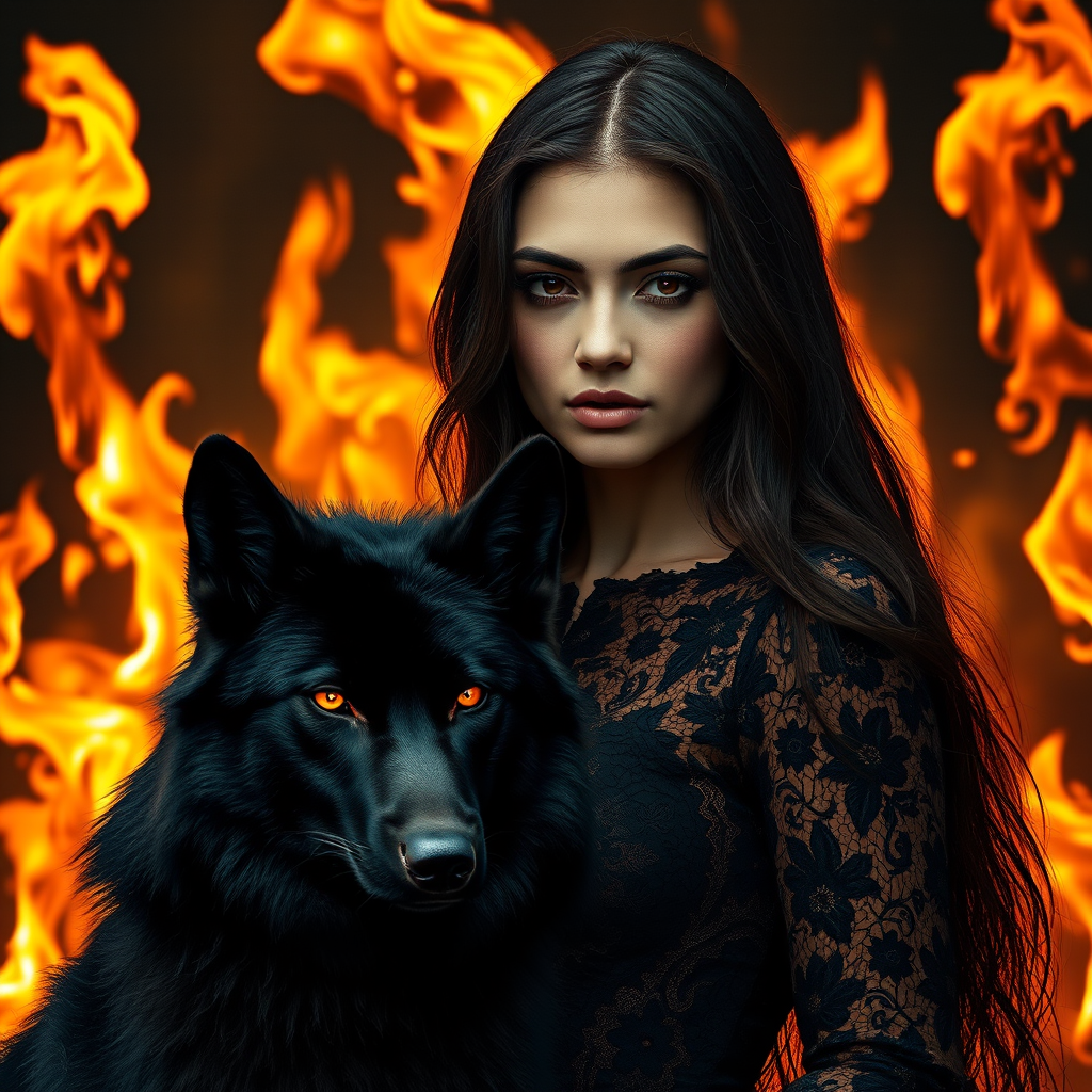 A woman with long dark hair, wearing a black lace dress that seamlessly blends into her skin with intricate floral patterns. She is in the foreground, with a black wolf beside her; its fur is midnight black, and it has glowing, intense, orange eyes that match hers. Her eyes are partially closed with burning embers above them, giving a fiery and mystical aura. The background is engulfed in tall, roaring flames, contributing to an overall dark and supernatural atmosphere. The colors are intense, predominantly black, fiery orange, and deep reds, with sharp contrast highlighting the mysterious and fierce theme. The flames are bright and dynamic, casting dramatic light and shadow, illuminating the woman and wolf while leaving parts in near darkness. The image evokes a sense of otherworldly power and connection between the woman and the wolf.