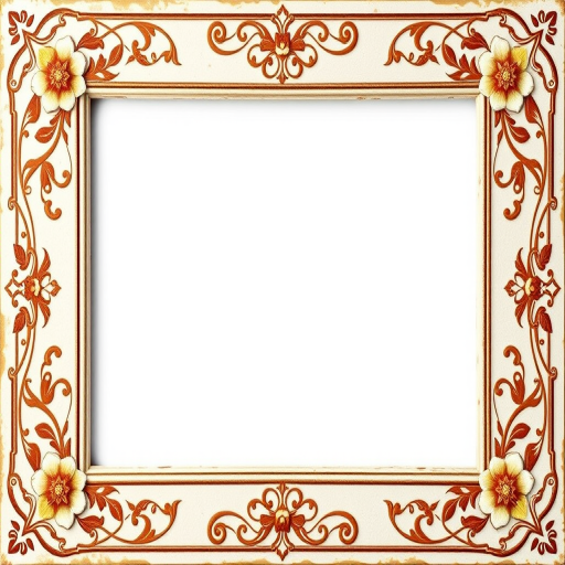 Create a vintage-style photo frame with intricate floral designs on the edges, captured with a DSLR camera at f/2.8 aperture, ISO 100, 50mm lens, shot from a straight-on perspective to enhance clarity and detail.