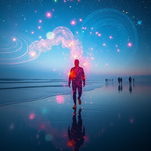 Generate an ethereal cosmic scene featuring a vibrant, colorful figure made of stardust and swirling galaxies walking along a beach with silhouettes of people in the waves, captured with a Canon EOS R5, 50mm lens, f/1.8, ISO 100, and soft focus technique for a dreamlike quality.