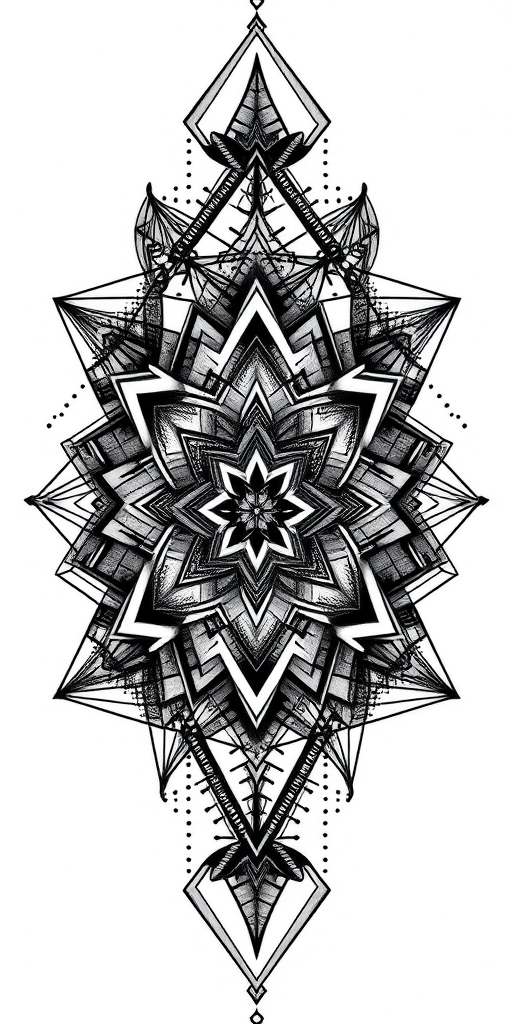 Intricate blackwork tattoo called "Geometric Shadows" showcasing complex interlocking shapes and patterns with dotwork shading creating depth and dimension in a mesmerizing monochromatic design