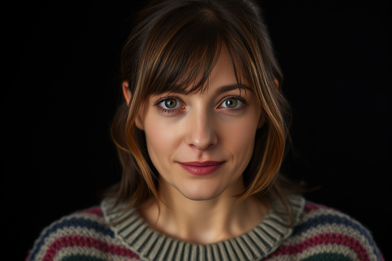 A closeup portrait photo of a woman with medium length hair who gazing directly at the camera with a neutral expression. She is wearing a multicolored knitted sweater against a dark background. Spotlight illumination