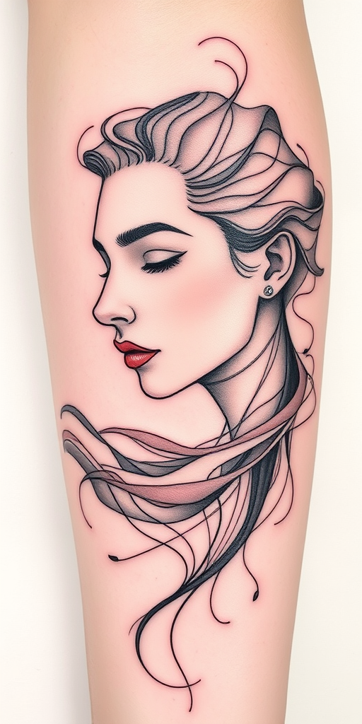 Continuous line tattoo named "Fluid Motion" depicting a complex scene or portrait using a single, unbroken line that weaves and loops to create depth and form, recognized for its minimalist yet expressive style