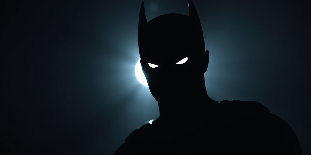 Create a high-resolution image of a silhouetted superhero character in a dark, moody setting with piercing white eyes, shot with a full-frame DSLR camera at f/2.8, ISO 100, 50mm lens, in natural light with a slight vignette effect.