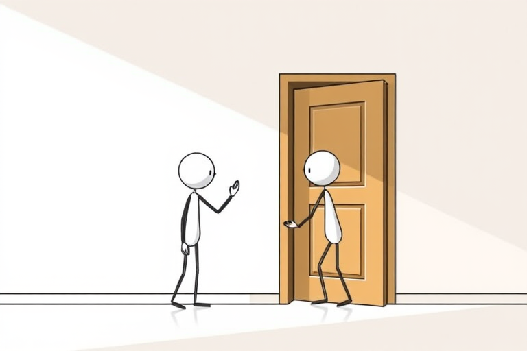Create an illustration of two stick figure characters interacting at a door, one entering and one exiting, with a clean, minimalist design, soft shadows, and bright lighting, using a 35mm lens at f/2.8, ISO 100, with a wide angle view, rendered in high resolution using a digital art style.