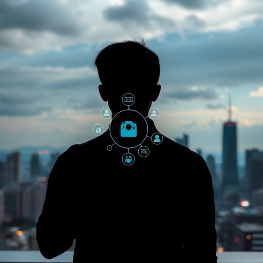 silhouette of a person interacting with digital icons against a city skyline, aperture f/2.8, shutter speed 1/100s, ISO 100, wide-angle lens, high dynamic range photography, taken with a DSLR camera