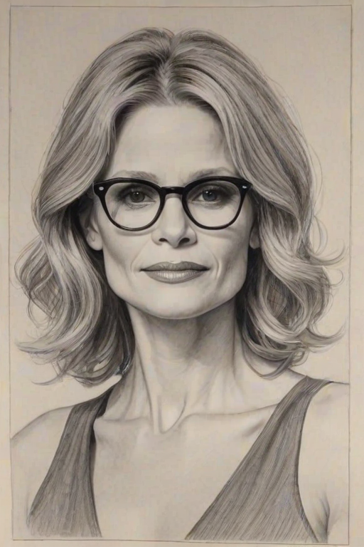 Elegant Kyra Sedgwick, pencil sketch, portrait of Splendid woman 1933s in glasses, hair style beatnik, outline, clear lines, fine lines, 8k