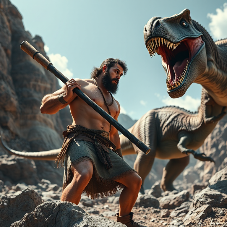 Create a high-resolution digital artwork of a muscular caveman holding a large club, facing a roaring dinosaur in a rocky landscape, using a DSLR camera set to ISO 100, aperture f/8, shutter speed 1/250s, shot from a low angle to emphasize scale, with natural lighting to enhance textures and details.
