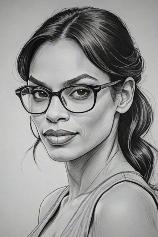 Attractive Rosario Dawson, pencil sketch, portrait of Alluring woman 1957s in glasses, hair style beatnik, outline, clear lines, fine lines, 8k