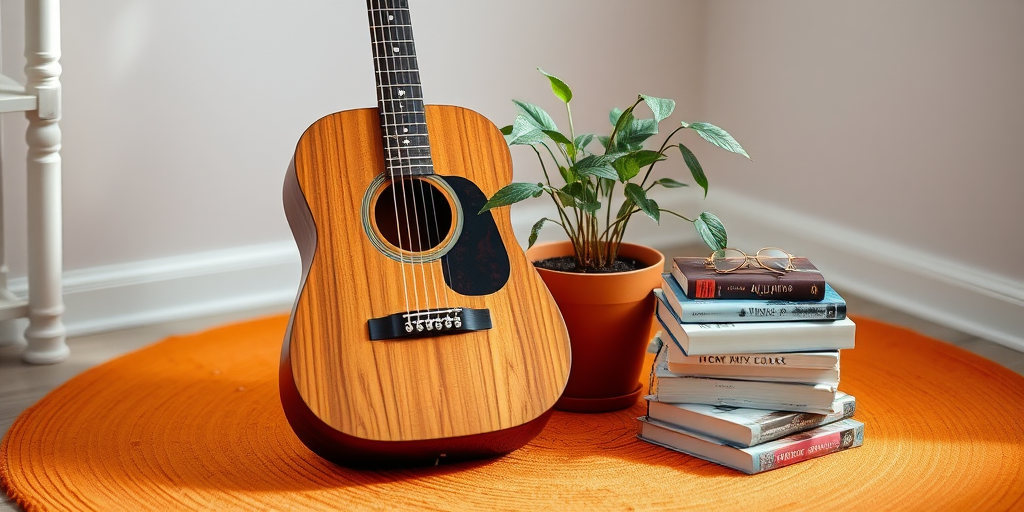 a still life scene featuring a wooden guitar next to a potted plant and stacked books on an orange circular rug, soft natural lighting, shallow depth of field, shot with a DSLR camera at f/2.8, ISO 100, 50mm lens, focus on the guitar and plant