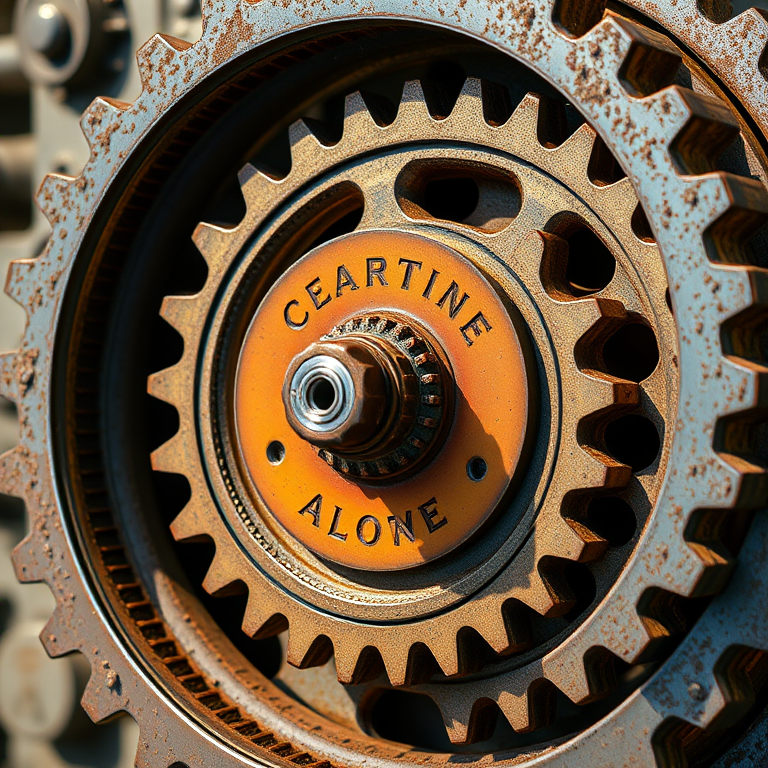 High-resolution image of a vintage industrial gear mechanism with clear details, shot with a DSLR camera at f/8, 1/250s, ISO 100, in bright daylight, with a slightly angled view to emphasize the mechanical features and textures.
