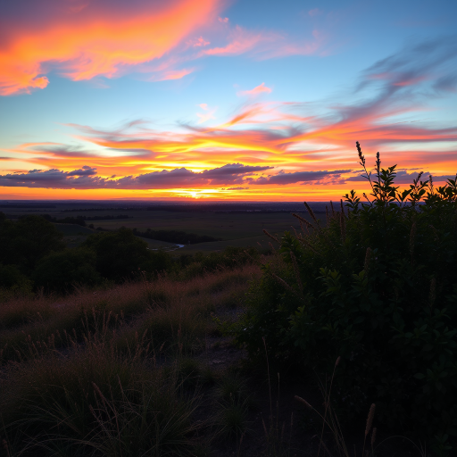 Create a high-resolution image of a serene landscape at sunset with vibrant colors in the sky, use a Canon EOS R5 camera, set the aperture to f/8 for depth of field, ISO 100 for clarity, shutter speed at 1/125s, 24mm wide-angle lens for an expansive view, and capture in landscape orientation for dramatic effect.