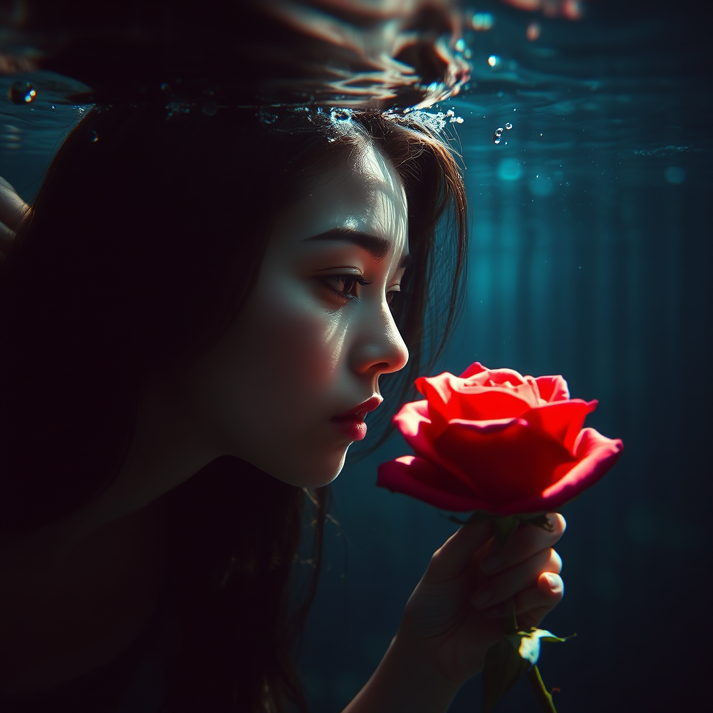 A woman underwater, gazing at a rose Her face is reflected in the water's surface The scene is illuminated by sunlight filtering through the water The atmosphere is serene and contemplative