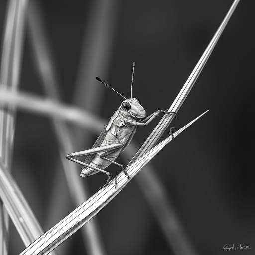 a detailed illustration of a grasshopper perched on a slender grass stalk, with intricate line work showcasing the texture of the insect and surrounding vegetation, captured with a macro lens at f/2.8, ISO 100, shutter speed 1/250s, natural lighting, photography style digital art, camera type DSLR
