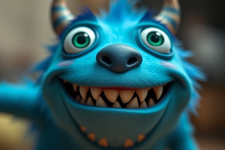 Generate a vibrant cartoon-style image of a blue monster with big eyes and sharp teeth, capturing a playful expression, using a DSLR camera, 50mm lens, f/2.8 aperture, ISO 100, and a shallow depth of field to enhance clarity and detail.