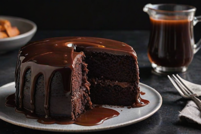 Generate an image of a rich, moist chocolate cake with a slice cut out. The cake is topped with a glossy caramel sauce, and there is a small pitcher of additional caramel sauce beside it. The background is dark and textured, highlighting the cake's shiny surface and inviting appearance.