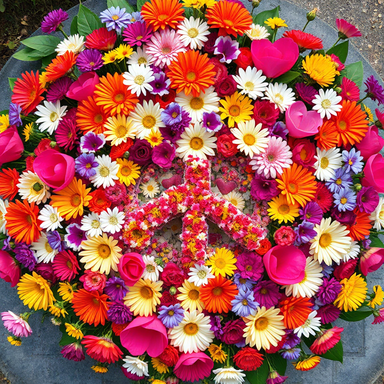 Generate a vibrant floral peace symbol surrounded by a burst of colorful flowers and hearts, using a DSLR camera with a 50mm lens, aperture f/2.8, ISO 100, shoot from a top-down view in natural daylight.