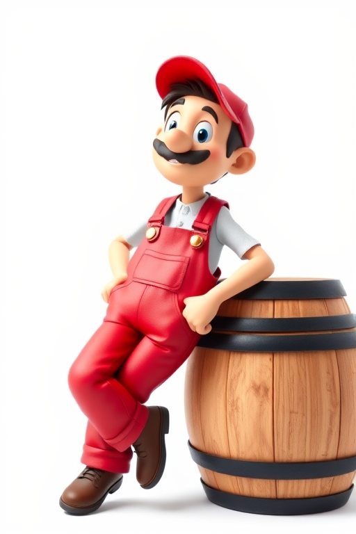create an image of a stylized cartoon character wearing red overalls and a red cap, leaning casually against a wooden barrel with black bands, brightly lit with a clean white background, camera settings: f/8 aperture, 1/200 second shutter speed, ISO 100, camera view: eye-level perspective, camera style: standard, camera type: digital SLR
