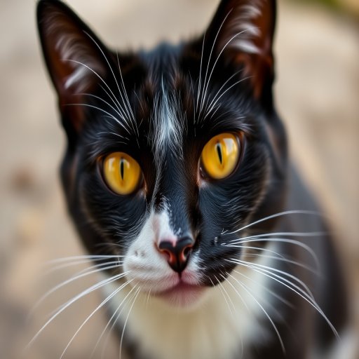 close-up portrait of a black and white cat with striking yellow eyes, shallow depth of field, 50mm lens, f/1.8 aperture, ISO 200, natural light, photograph taken from eye level using a DSLR camera