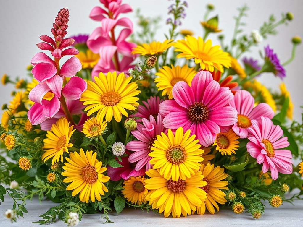Create a vibrant still life of mixed flowers including pink snapdragons, yellow daisies, and green foliage, captured with a DSLR camera at f/2.8, ISO 100, shutter speed 1/200s, in natural light with a shallow depth of field to emphasize the colors and textures.