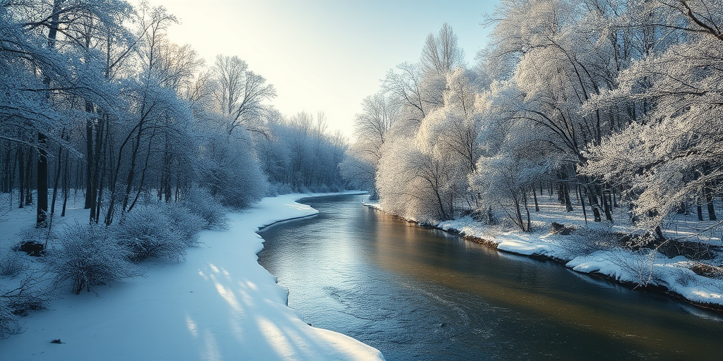 capture a serene winter landscape of a snow-covered river surrounded by frosty trees with soft sunlight filtering through, using a DSLR camera at f/8 aperture, ISO 200, 1/125 sec shutter speed, wide-angle lens at 24mm, natural soft lighting for enhanced details and clarity