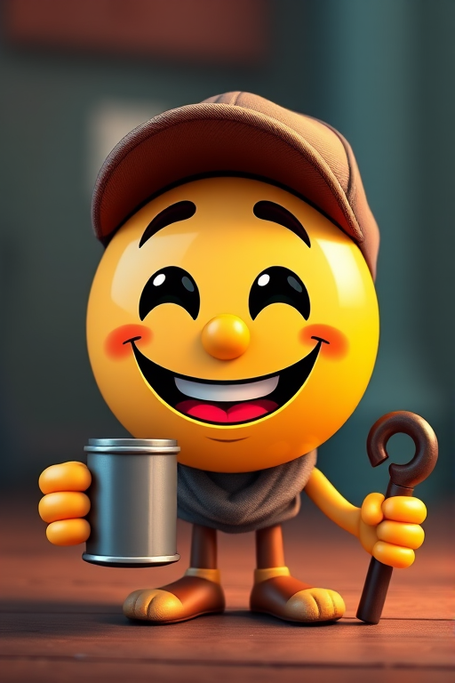 Generate a high-resolution cartoon image of a happy emoji with a cap, showing a cheeky grin, a mug in one hand, and a cane in the other, captured with a Canon EOS R5 using a 50mm lens, aperture set to f/4, ISO 100, and a soft focus background to enhance the character's features.
