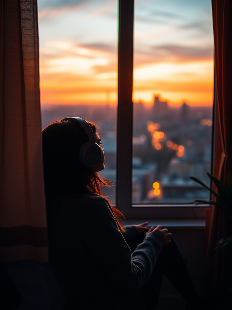 Create a cozy and atmospheric scene featuring a girl with headphones sitting by a window, looking out at a cityscape during sunset, with warm lighting illuminating her face and room, using a Canon EOS R5, 50mm lens, f/1.8 aperture, ISO 100, and soft focus to enhance image quality.
