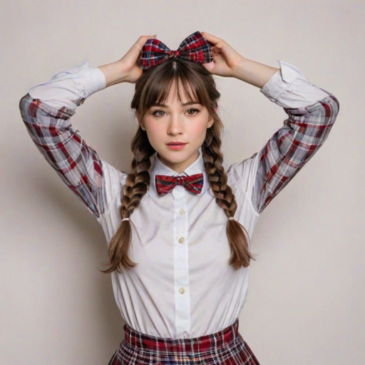 arms behind head, arms up, averting eyes, blush, bow, bowtie, braid, braided bangs, breasts, brown hair, cowboy shot, forehead, grey skirt, long hair, medium breasts, plaid clothes, plaid skirt, pleated skirt, red bow, red bowtie, shirt, shirt tucked in, simple background, skirt, solo, very long hair, white background, white shirt