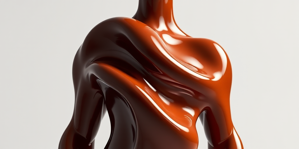 Create a 3D render of a glossy brown figure resembling an abstract sculpture, shot with a Canon EOS R5, 85mm lens, aperture f/2.8, ISO 100, in a soft diffused natural light setup, focused on creating a high-quality detailed texture.