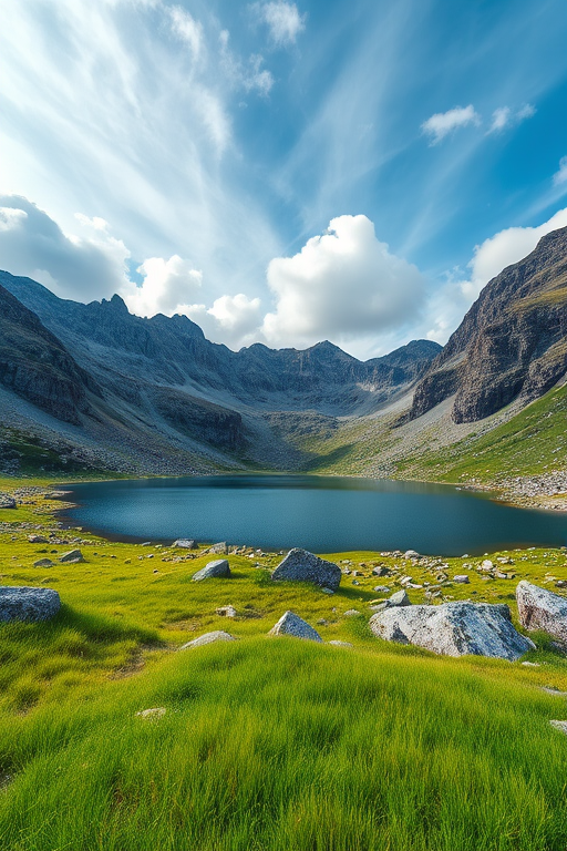 landscape of a mountain range with a serene lake surrounded by rocks and vibrant green grass under a partly cloudy sky, shot with a DSLR camera at f/8 aperture, ISO 200, 24mm lens, in HDR style, landscape view with a wide-angle perspective.