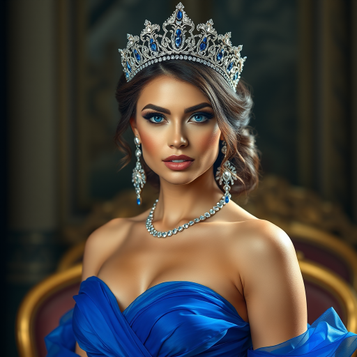 A gorgeous woman in a luxurious blue gown, accessorized with a dazzling tiara and statement earrings, her deep blue eyes highlighted by impeccable makeup, poised in a royal setting, photorealistic, 8K quality