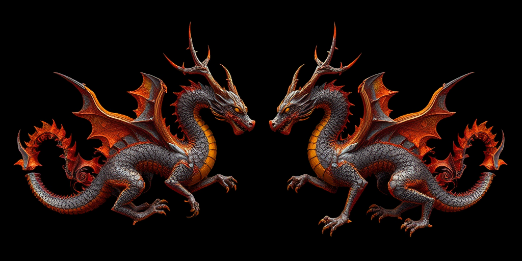 Create a high-resolution fractal artwork featuring two intricately designed dragon-like figures with fiery orange and metallic accents against a black background, captured with a DSLR camera using a 50mm lens at f/1.8, ISO 100, and a shutter speed of 1/125s, employing a macro photography style to emphasize detail and texture.