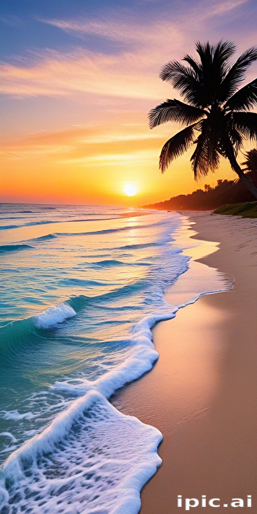 Tranquil Sunset Over Serene Beach with Gentle Waves and Palm Trees