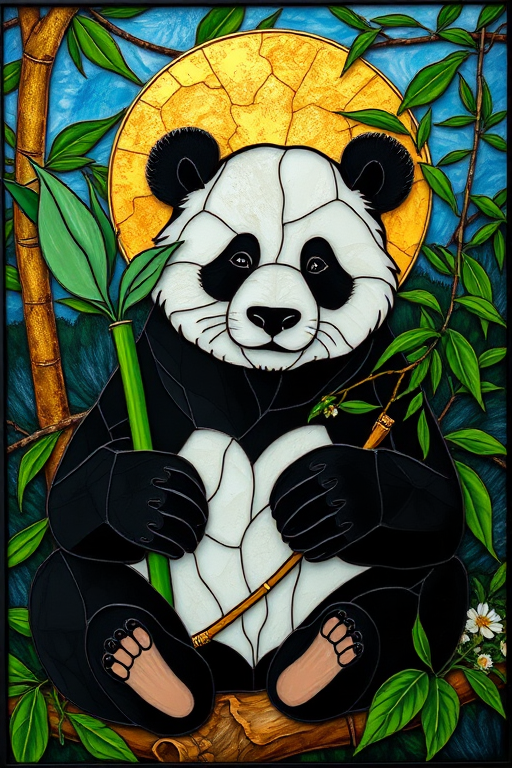an alcohol ink and stained glass with intricate gold lining of a panda bear sitting holding bamboo, moon in background with lush greenery