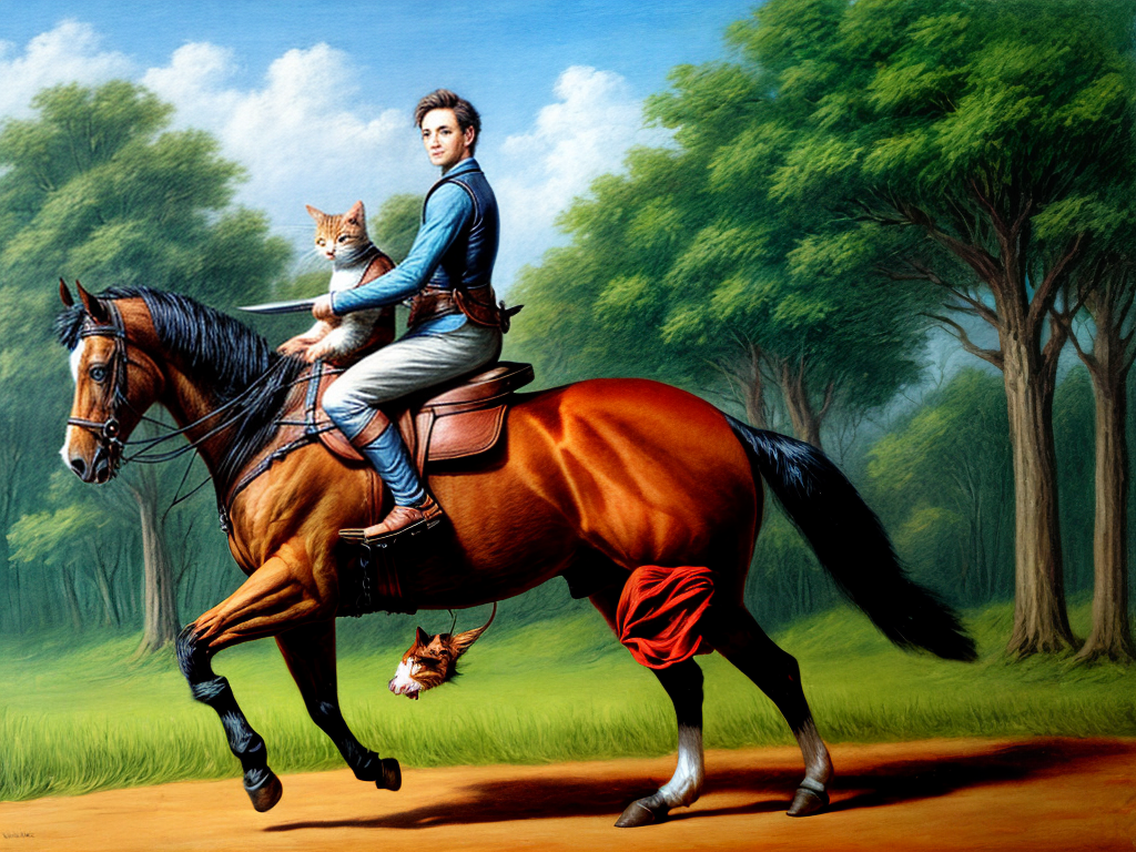 Cat riding on a horse holding a sword