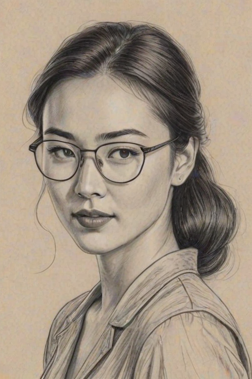 Magnificent Jessica Henwick, pencil sketch, portrait of Lovely woman 1928s in glasses, hair style beatnik, outline, clear lines, fine lines, 8k