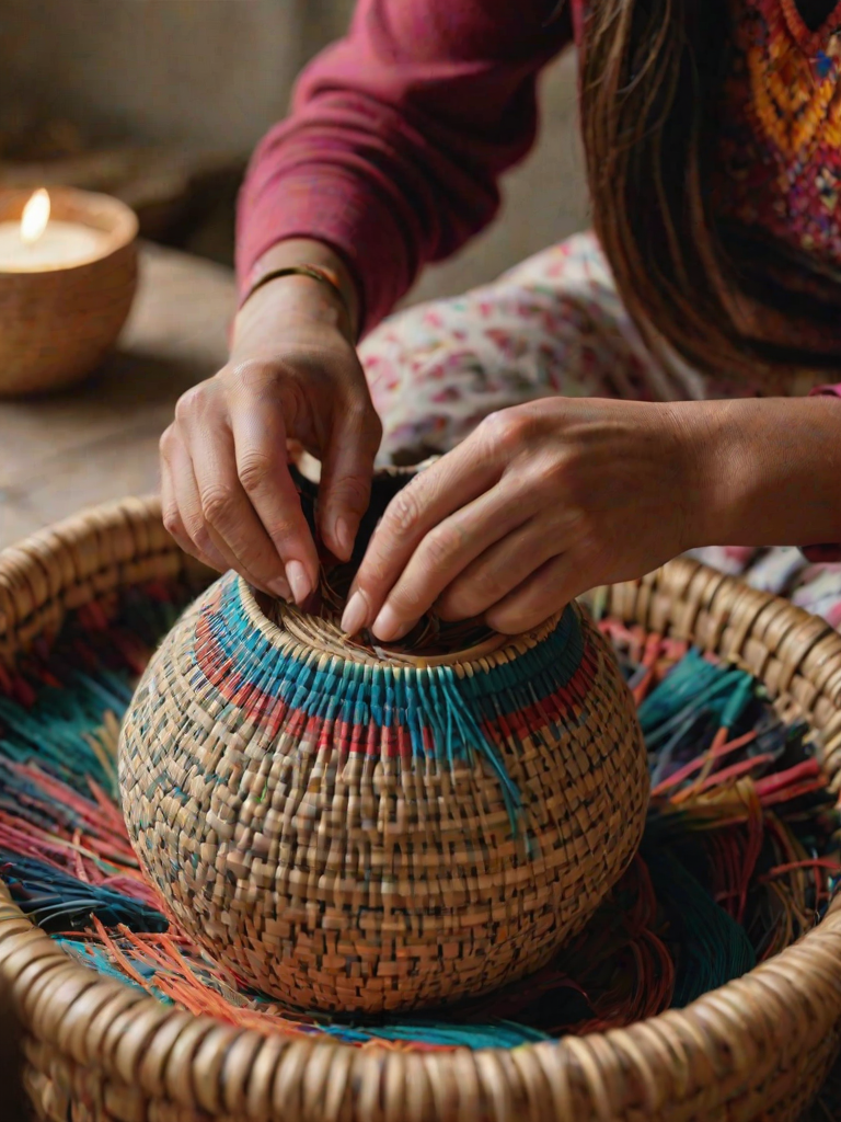 Close-up of a woman’s hands weaving a traditional basket, with colorful materials surrounding her, and soft light illuminating her focused expression, showcasing craftsmanship and skill.