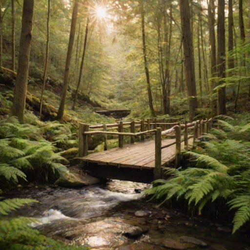 Soft-focus image of a rustic wooden bridge over a babbling brook in a forest, soft golden light filtering through the trees, with ferns softly swaying in the breeze.