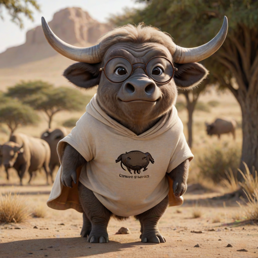 Hyperrealistic 3D render of a smiling cartoon Cape Buffalo wearing glasses and a beige t-shirt with a smaller buffalo image printed on it, missing some teeth, set against a blurred African savanna background, detailed fur, 8k resolution, octane render, artstation trending.