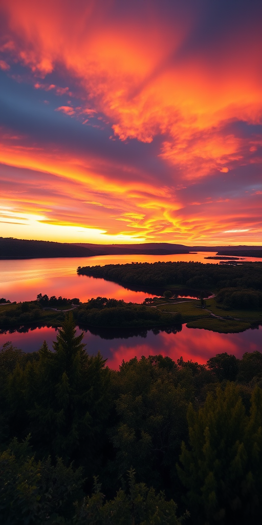 high-resolution image of a serene landscape at sunset, with vibrant colors in the sky reflecting on a calm lake, foreground of lush greenery, taken with a Canon EOS R5, aperture f/8, ISO 100, 24mm lens, HDR photography style, wide-angle view